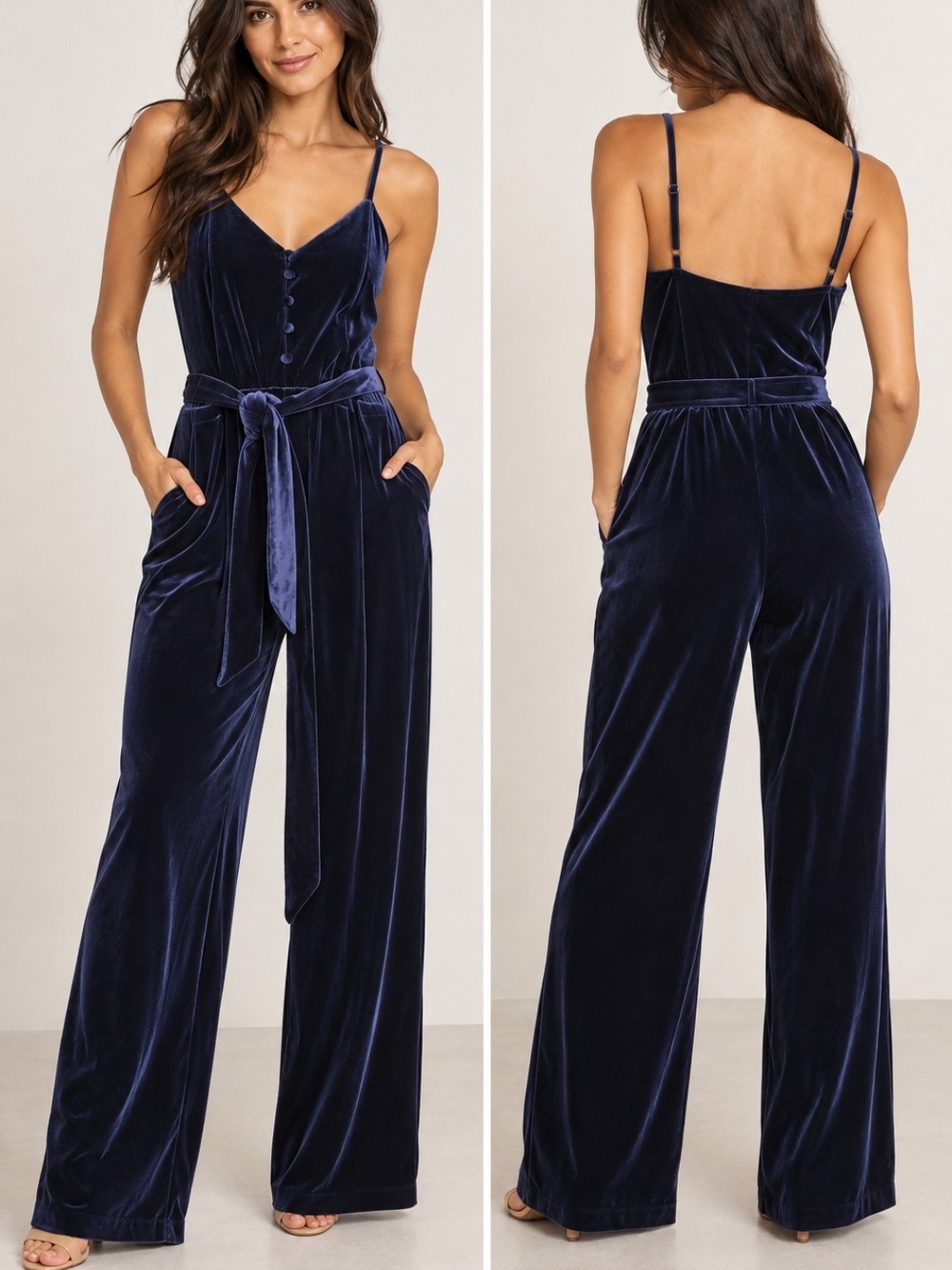 POPSUGAR Navy Velvet Wide-Leg Jumpsuit with Tie Waist